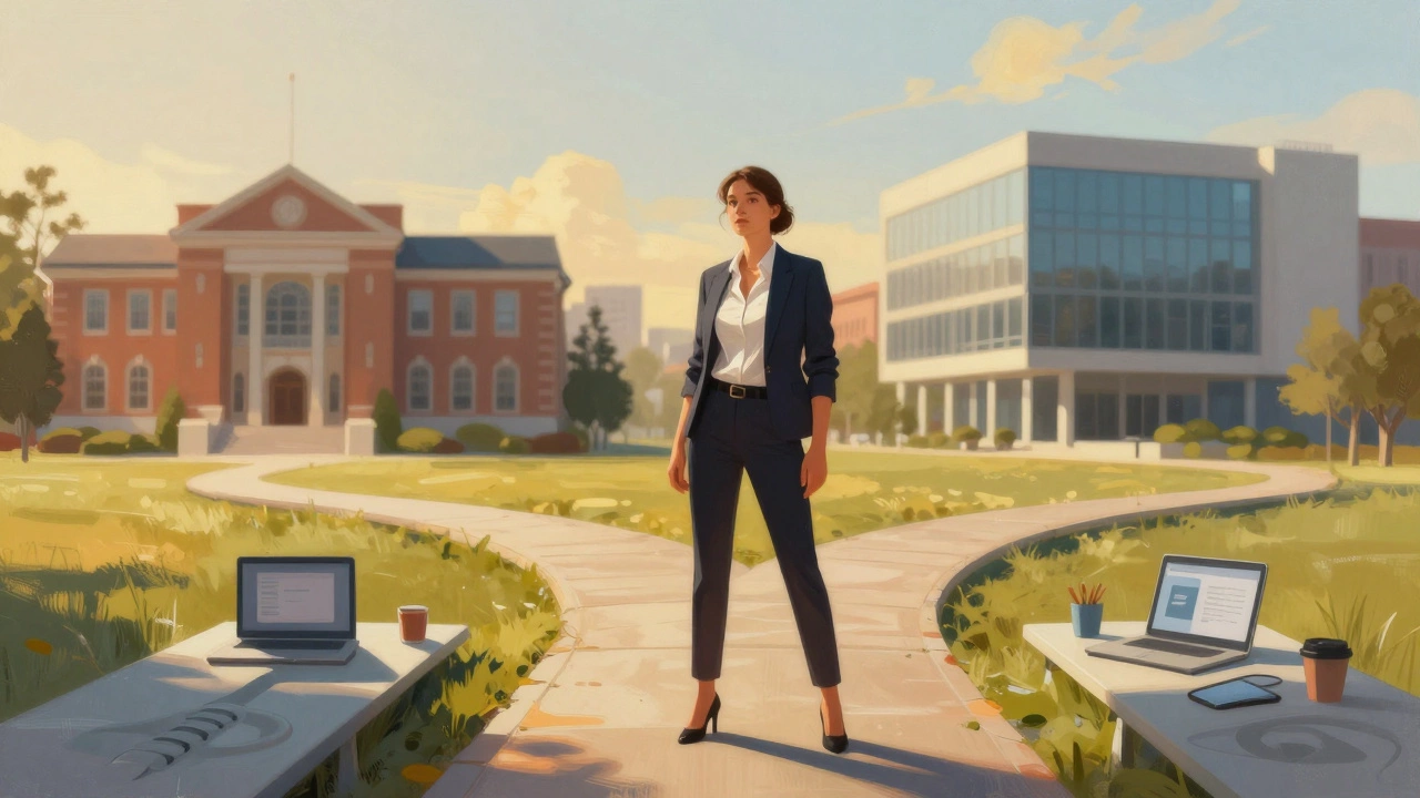 Business professional standing at a crossroads of career pathways.