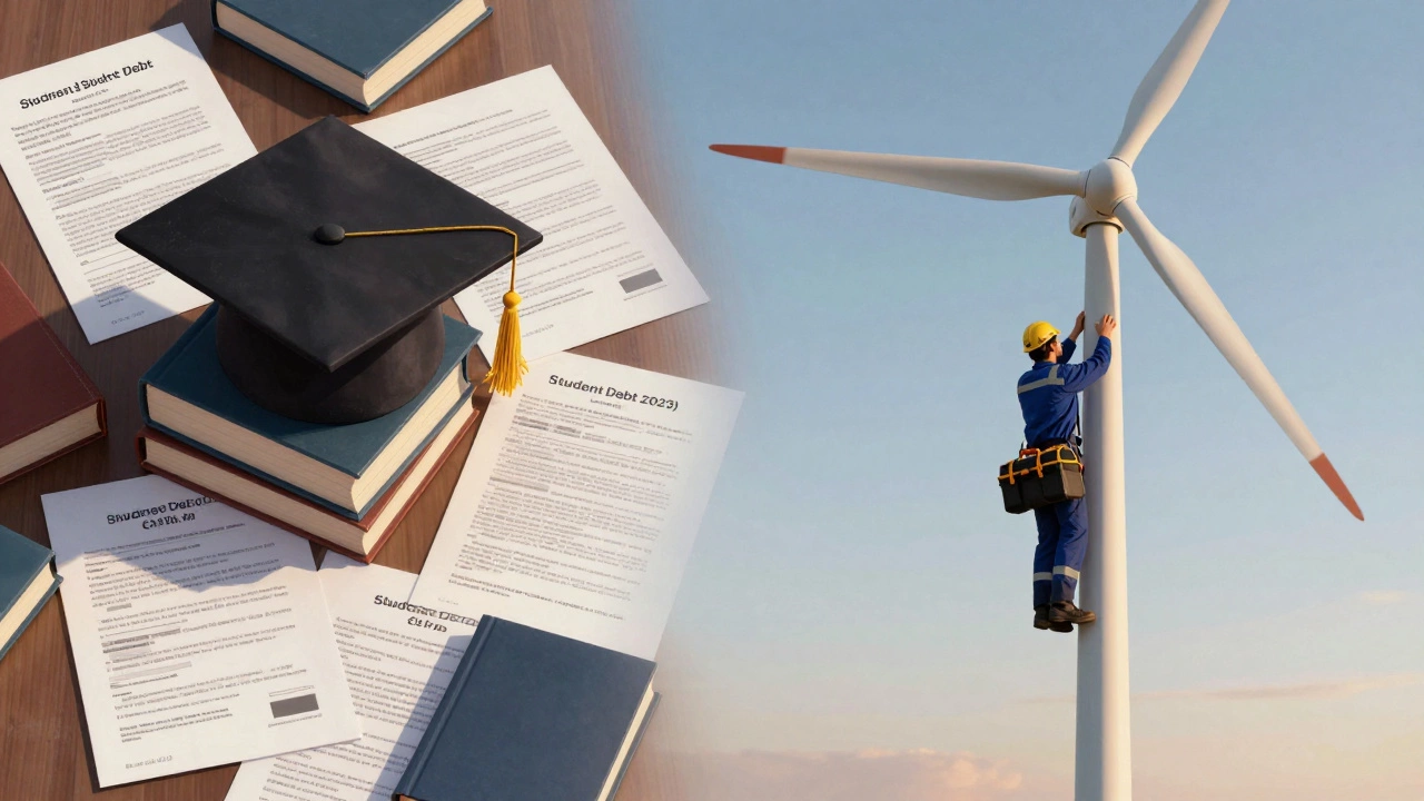 Contrast between graduate with debt papers and skilled technician climbing a wind turbine tower.