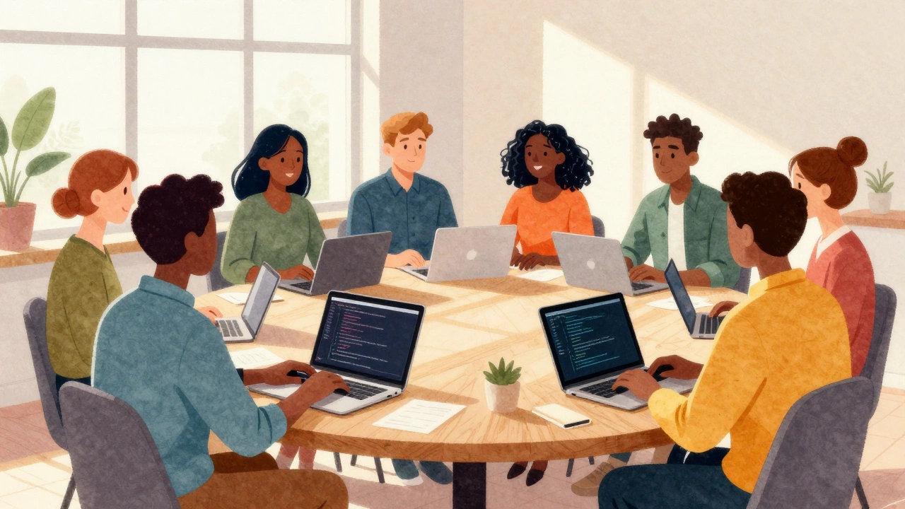 Diverse team collaborating around table with closed laptops in sunlight.