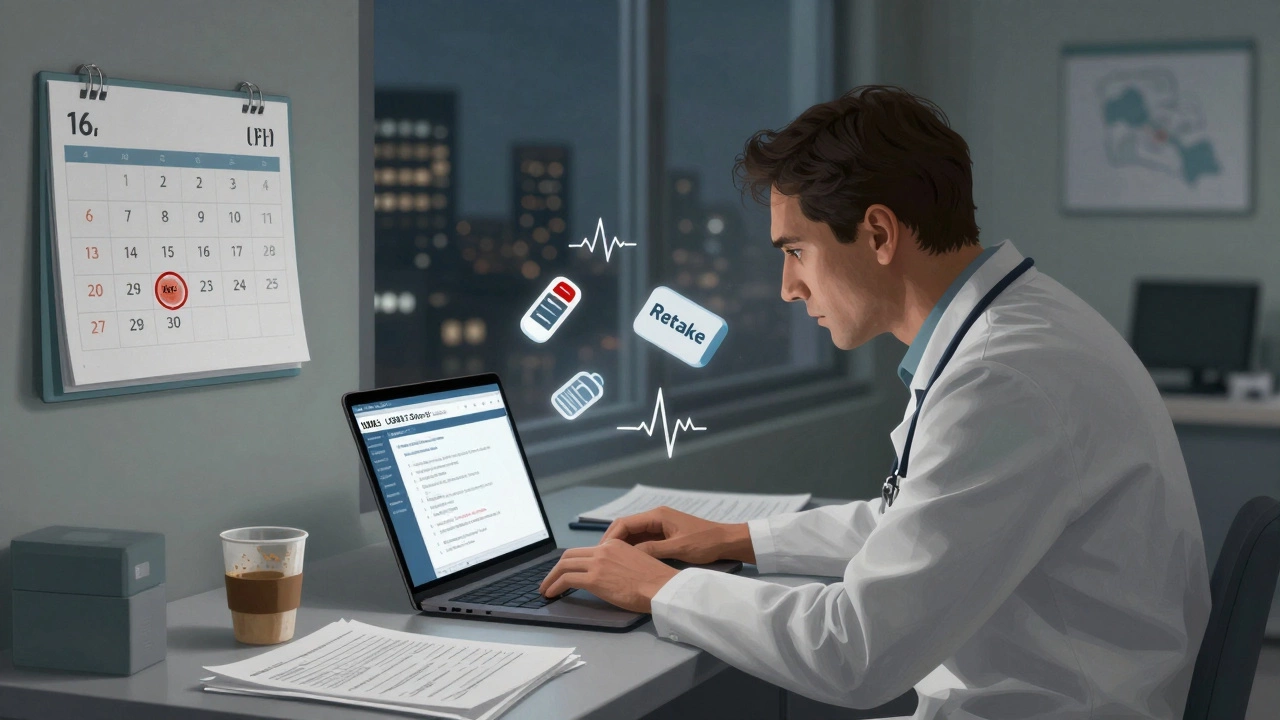 Doctor working late at night surrounded by study materials and a retake calendar.