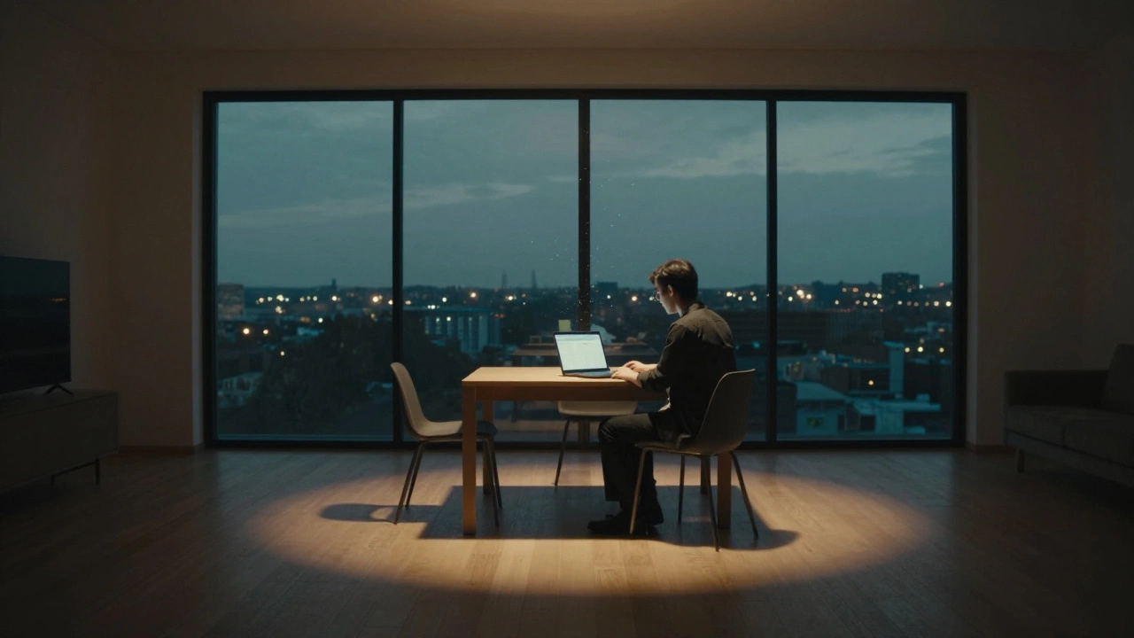 Lonely person working alone at laptop in dark home office