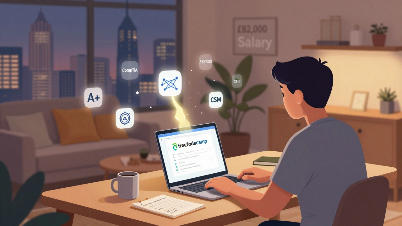 Someone studying for IT certifications at home with digital pathways leading to a high salary skyline.