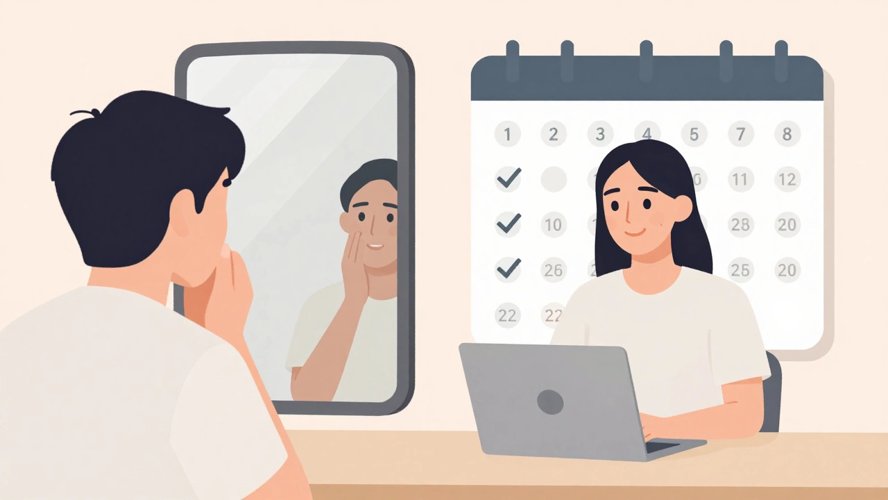 Split-screen image comparing nervous self-rehearsal in a mirror to confident conversation on a video call, with a weekly practice calendar visible.