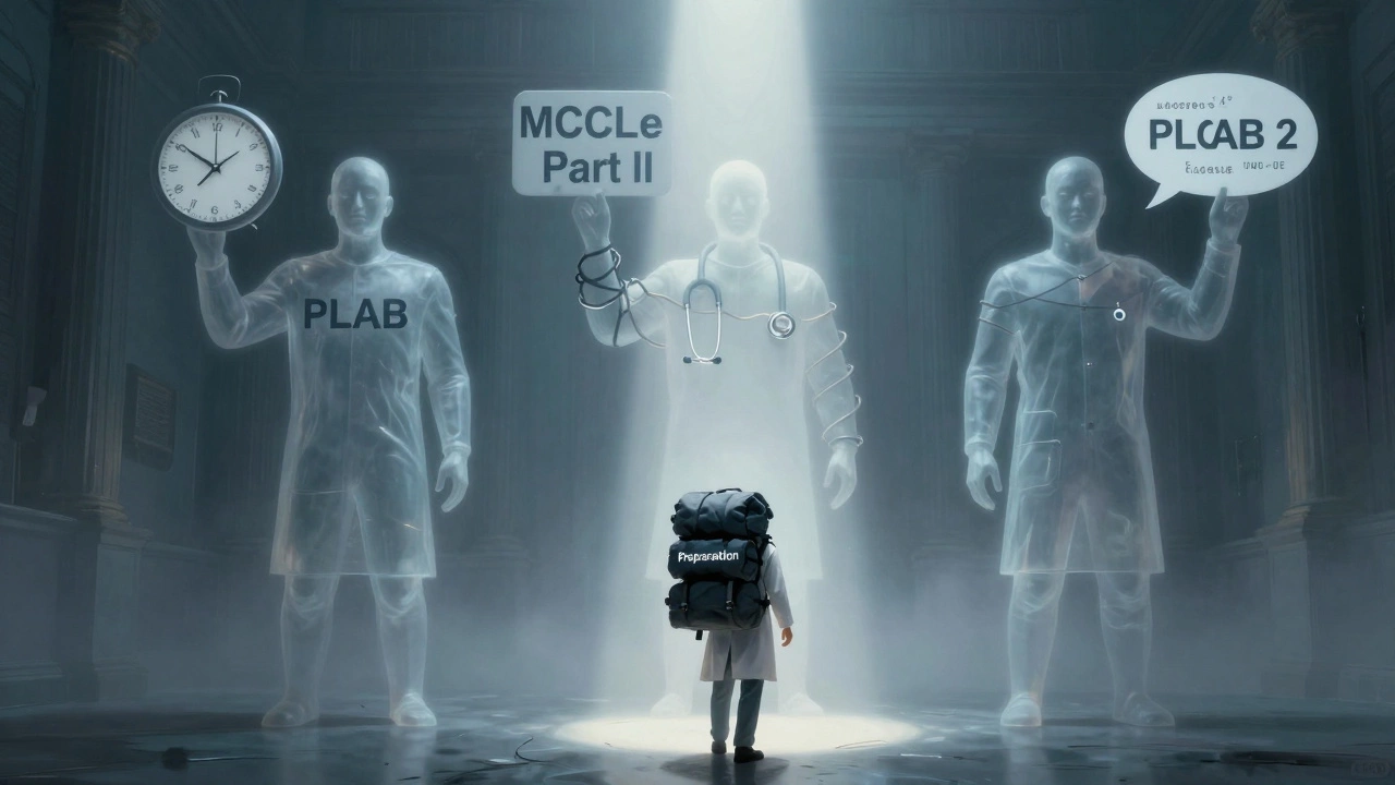 Three symbolic gatekeepers representing international medical licensing exams.