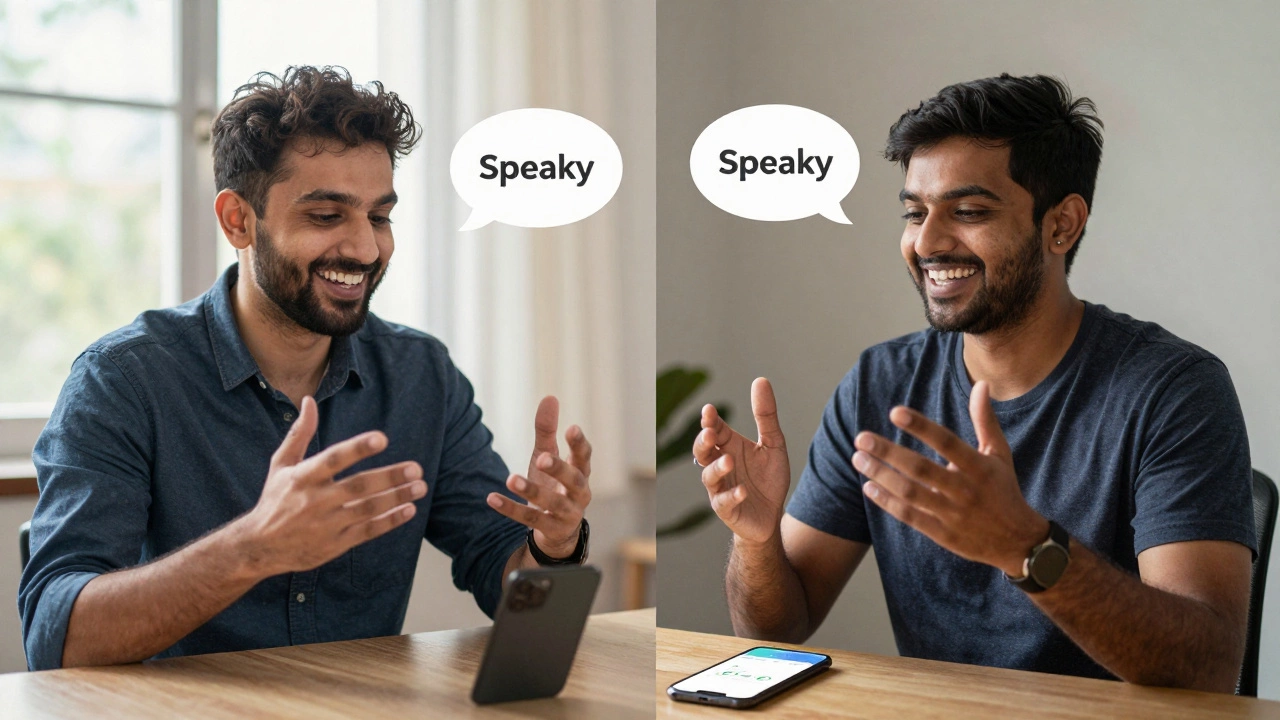 Two people chatting via video call on the Speaky language exchange app.