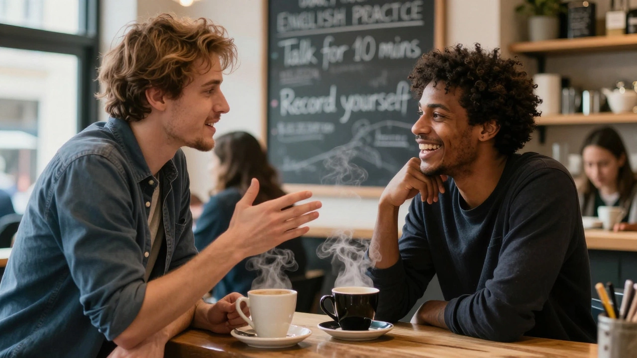 Two people having a lively conversation at a café, one gesturing while speaking, with coffee cups and a practice checklist on the wall.