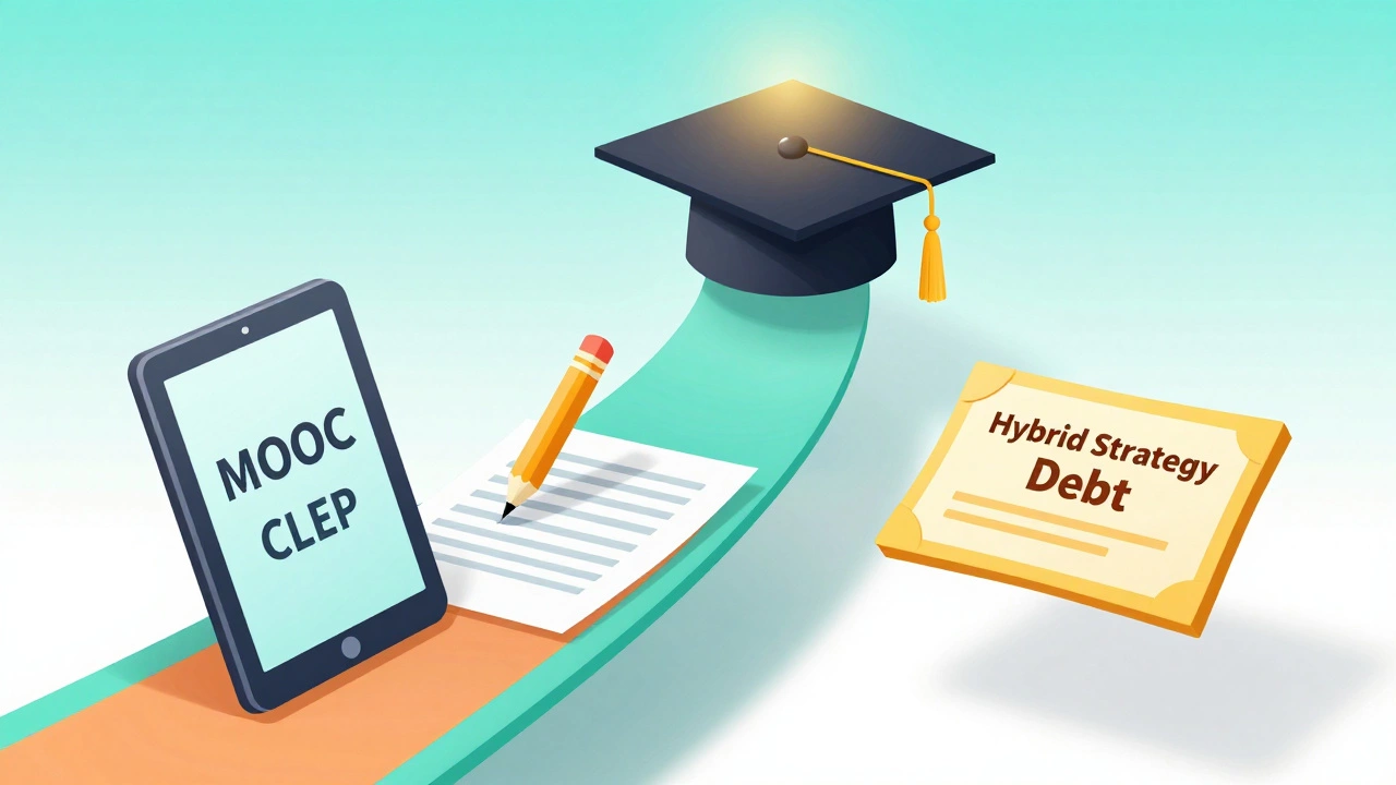 A conceptual 3D path of digital tools and exam sheets leading to a graduation cap.