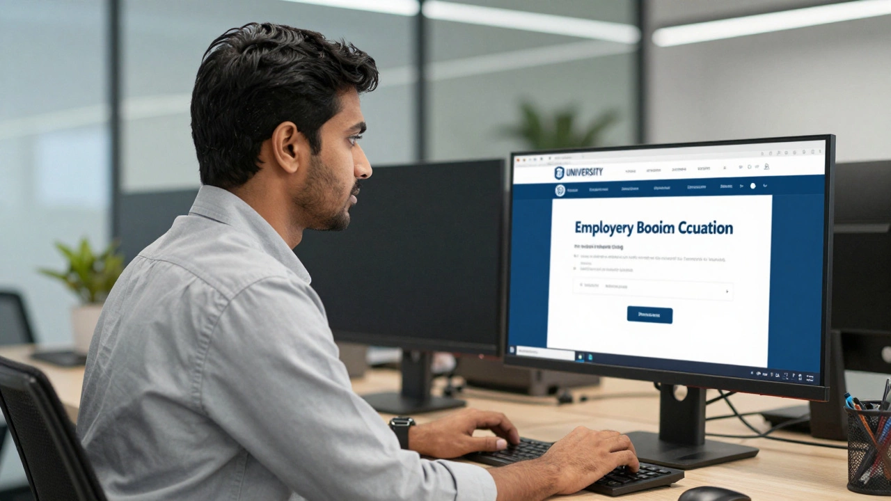 An employee in a modern office studying for a degree on a computer screen while working.