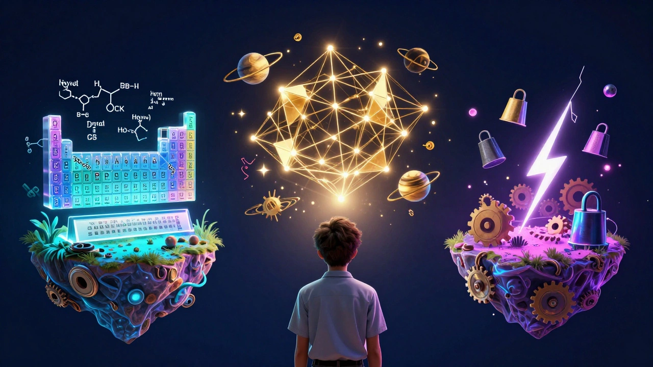 Conceptual illustration of chemistry, math, and physics as floating islands