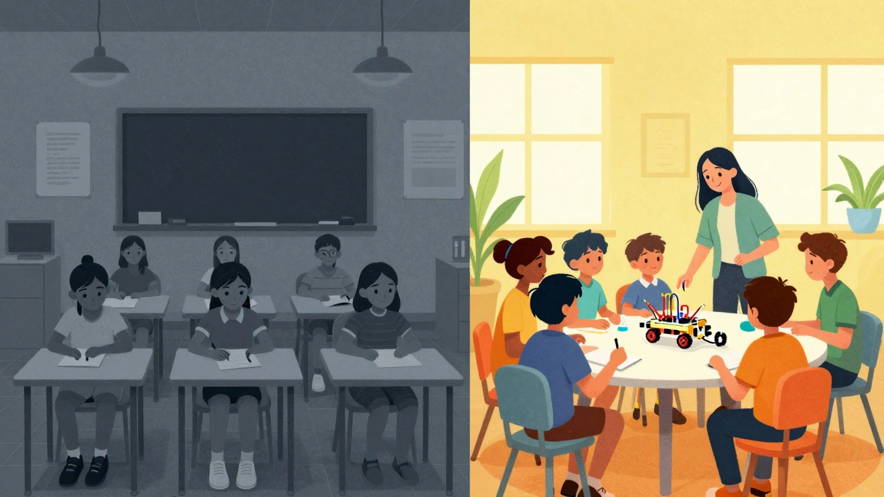 Contrast between a rigid rote-learning classroom and a vibrant, collaborative learning space.