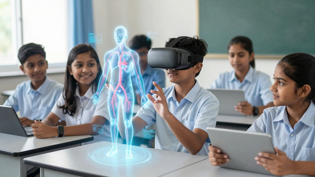 Indian students using VR technology to study a holographic human circulatory system in a modern classroom.