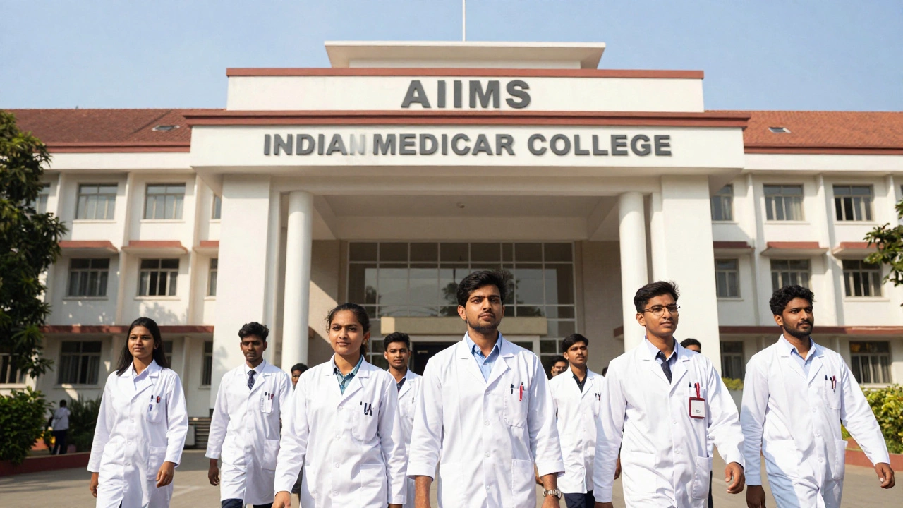 Medical students in white coats walking toward a prestigious medical college building