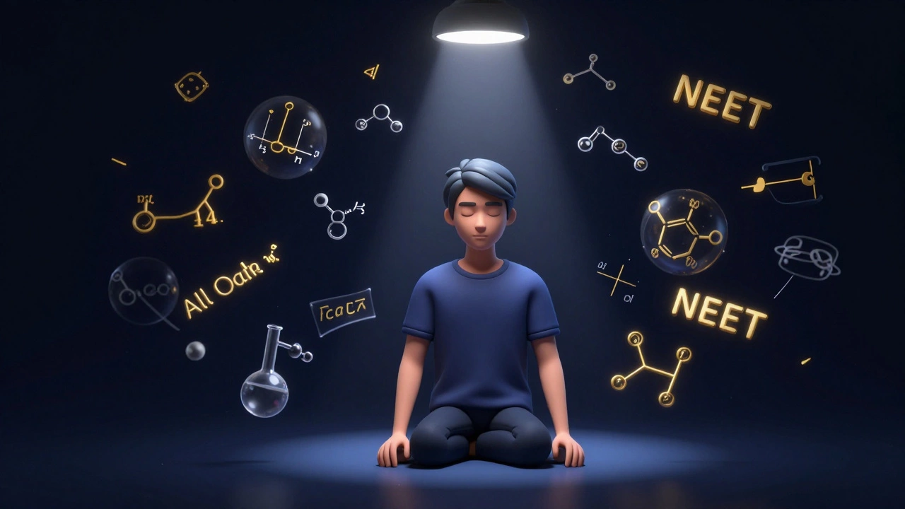 Student concentrating amidst floating physics and chemistry formulas in a dark space