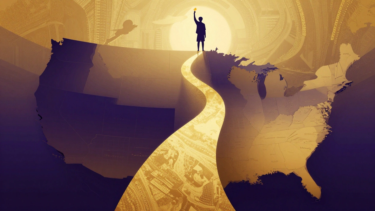 Abstract art showing a path through state zones to a golden peak