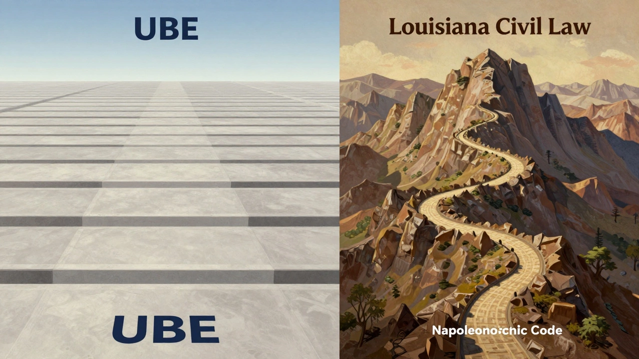 Conceptual split image comparing standardized UBE paths with unique state exams