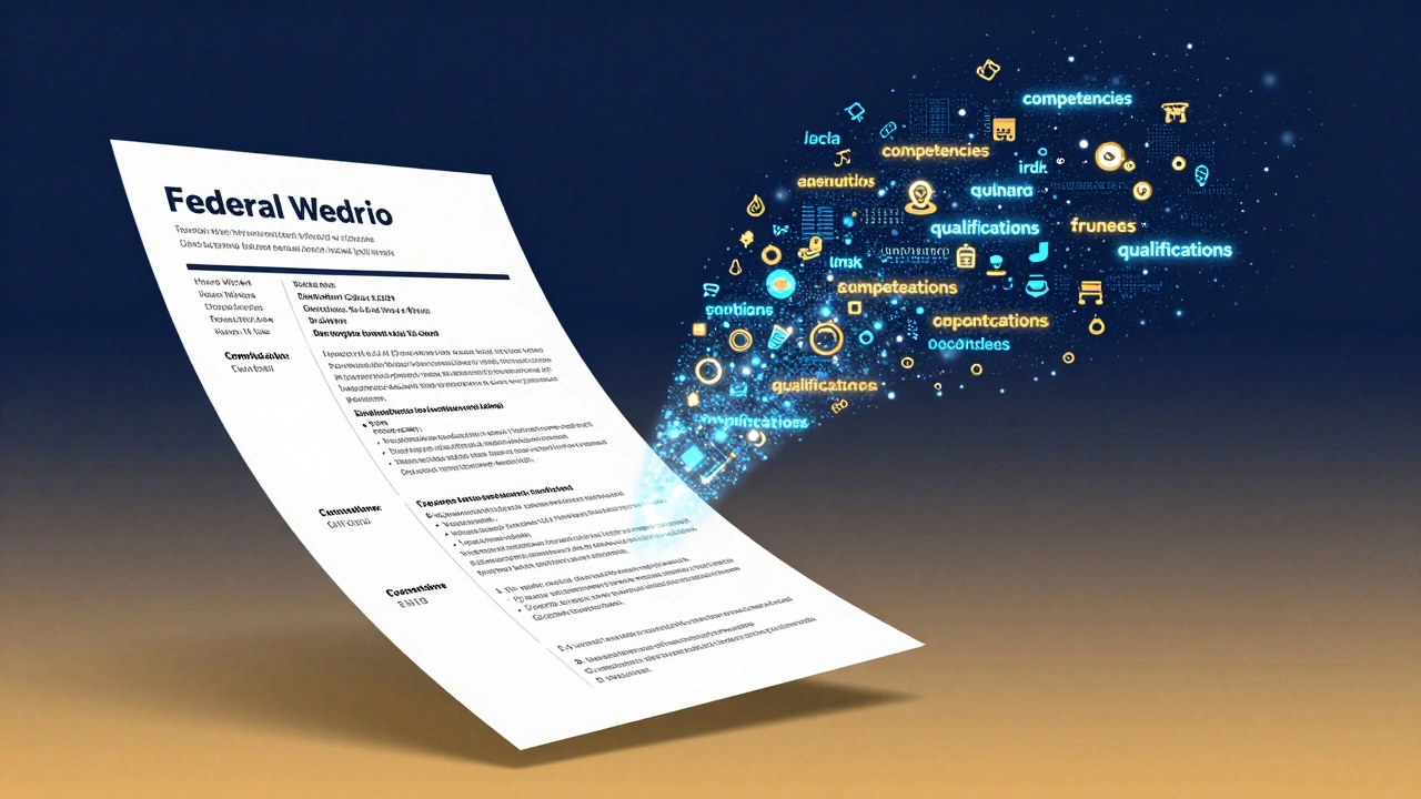 Detailed federal resume transforming into digital keywords and data