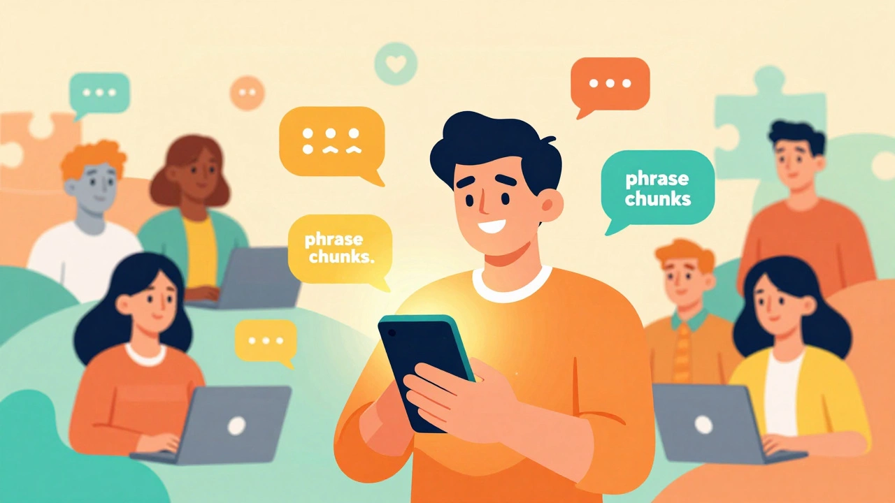 Diverse people connecting via smartphone, symbolizing supportive language learning communities.