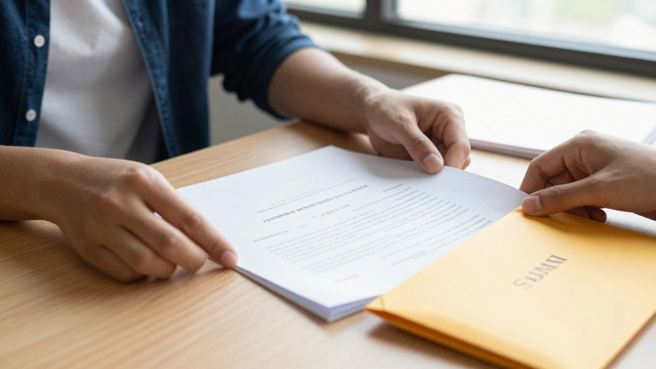 Hands organizing finalist application documents on a desk