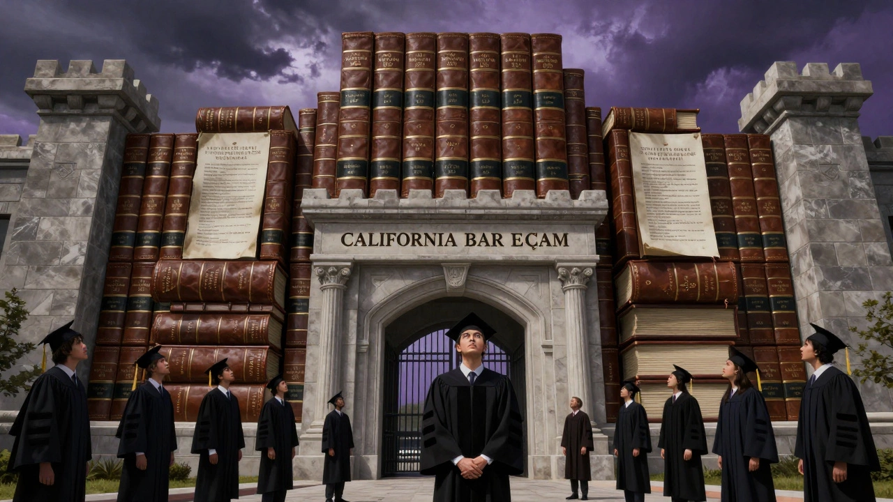 Metaphorical fortress of law books representing the difficult California bar exam