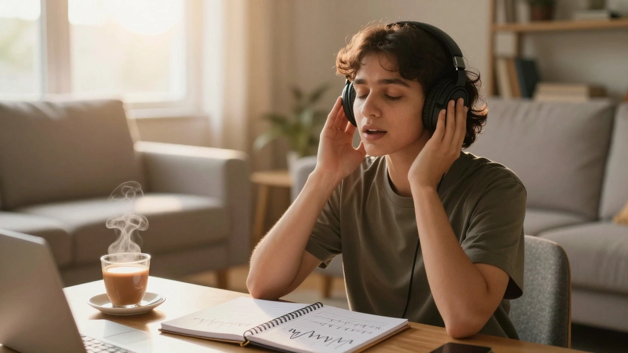 Person practicing English shadowing technique with headphones in a cozy, sunlit room.
