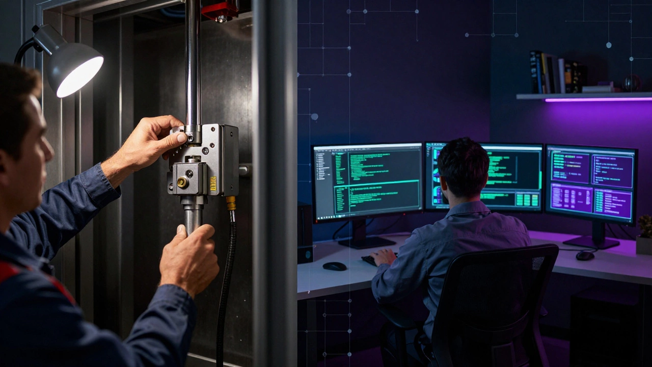 Split view of elevator mechanic and cybersecurity analyst
