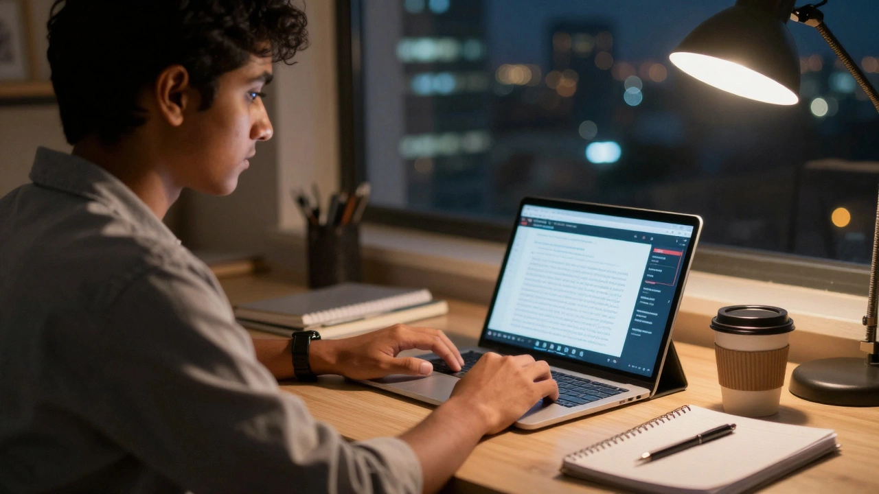 Student studying online at night with city view in background