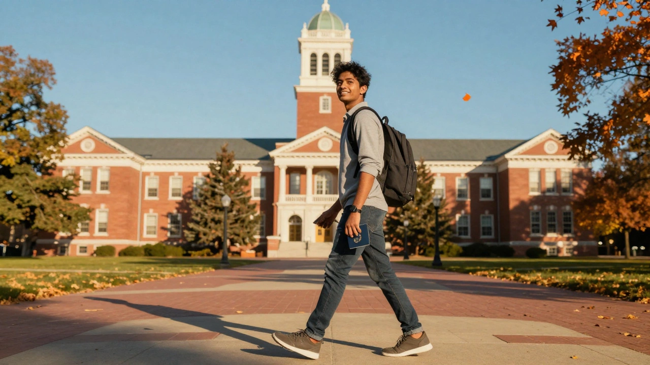Student walking on a US university campus with passport in hand