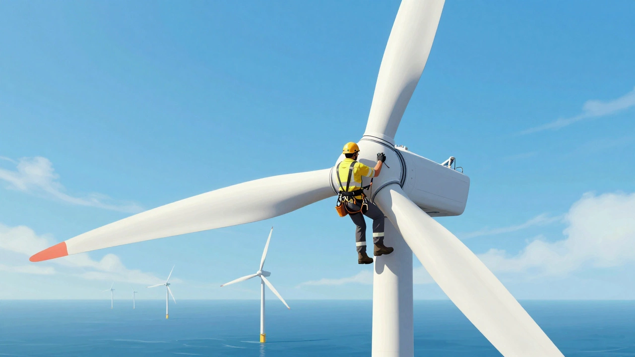 Wind turbine technician working on blade high above ocean