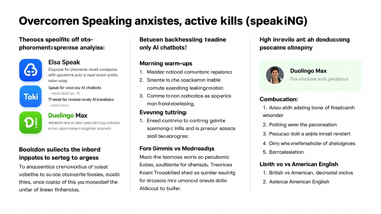 A split-screen image showing a user talking into a microphone on the 'Speak' app interface on one side, and an AI chatbot avatar responding on the other, illustrating voice-only interaction.