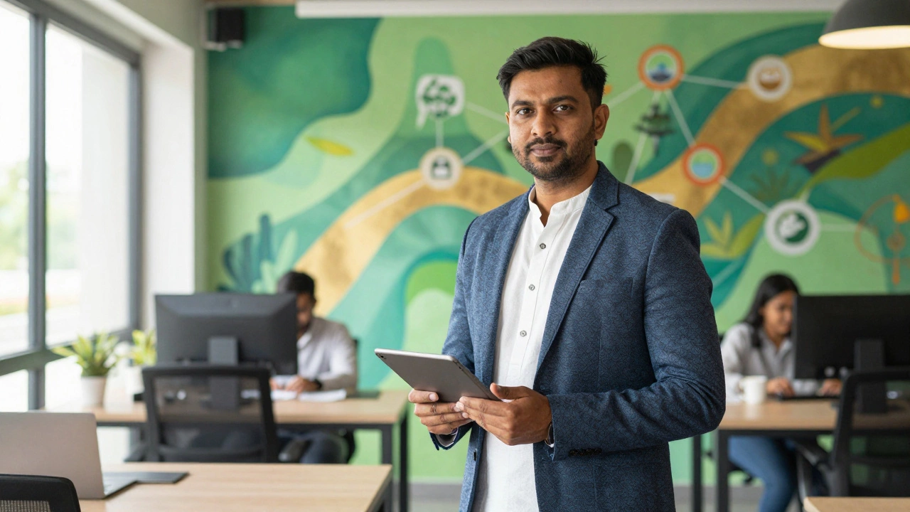 Confident Indian entrepreneur in a modern co-working space representing new business ventures