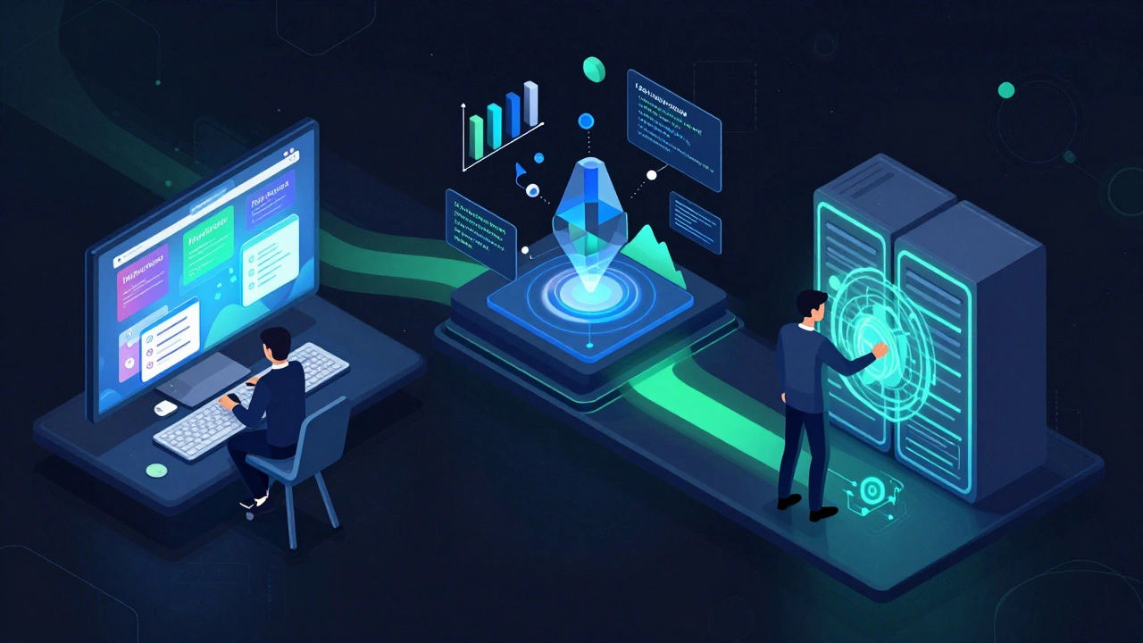 Digital art showing three coding paths: development, data science, and security merging.