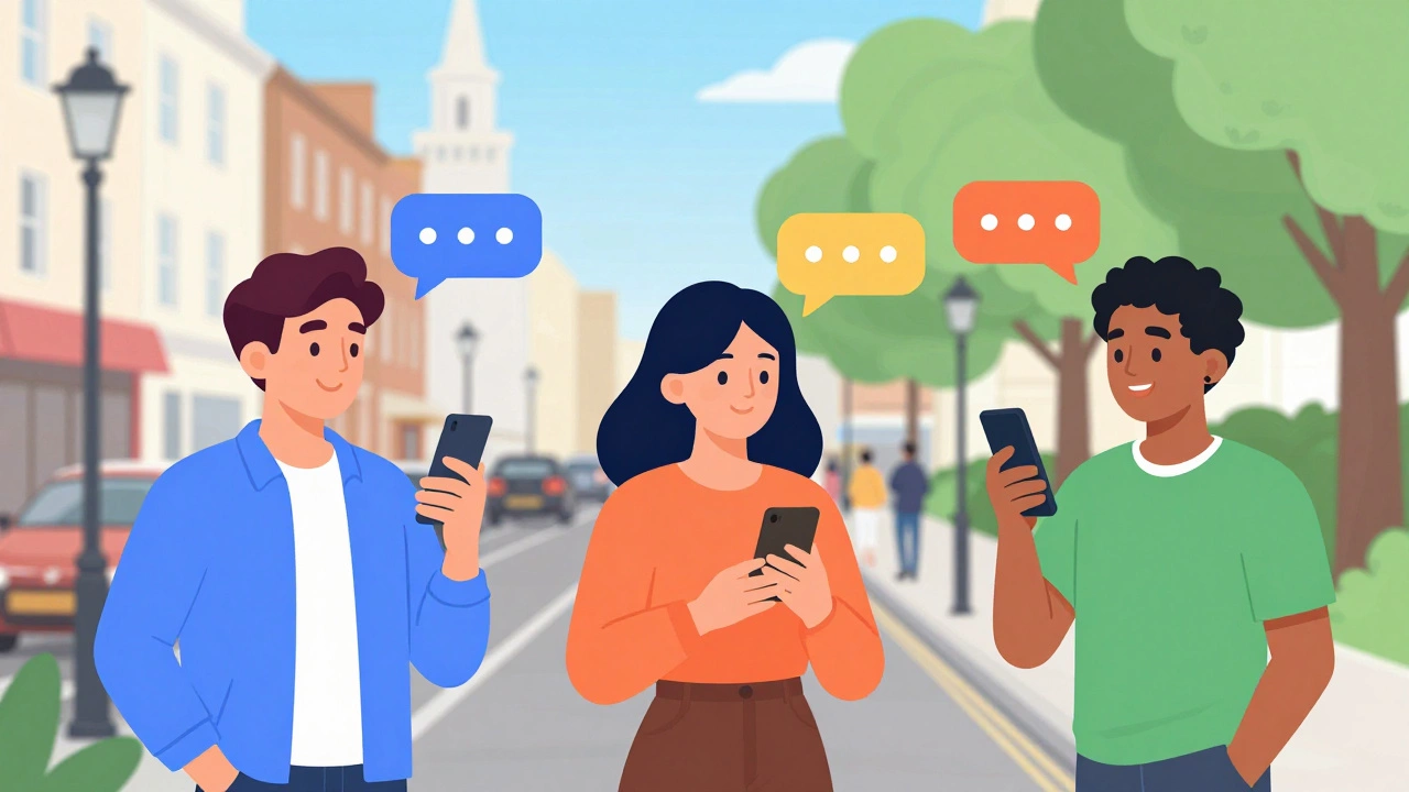 Diverse people exchanging voice messages globally, symbolizing language learning apps.