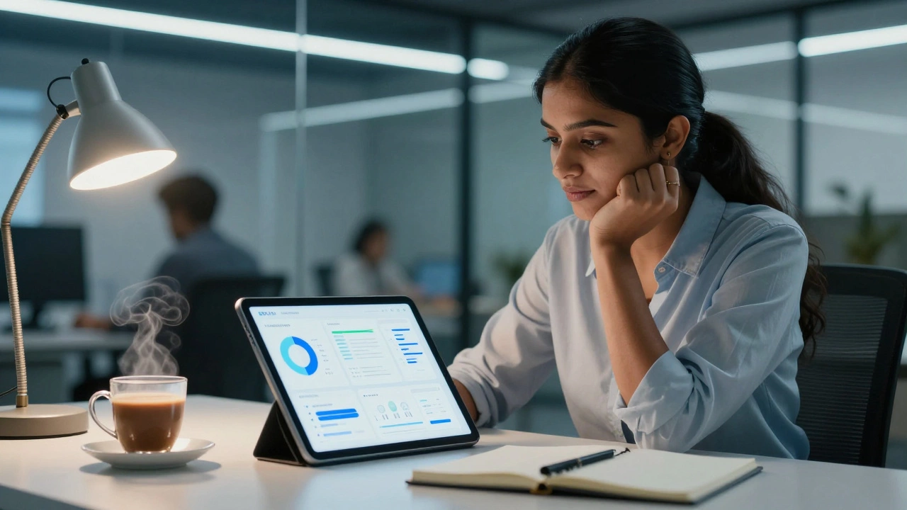 Female Indian product manager analyzing designs on a tablet in a Bangalore tech startup