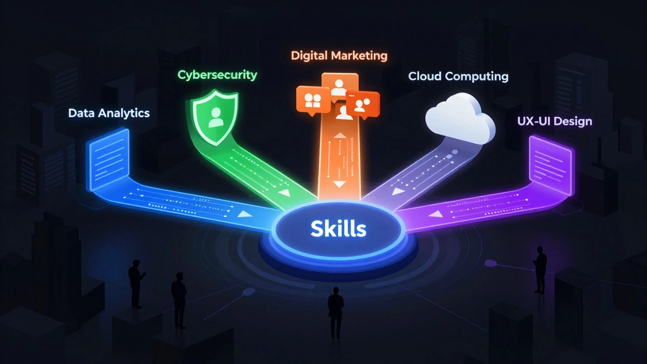 Five glowing career paths for tech skills leading to job opportunities in a digital city.