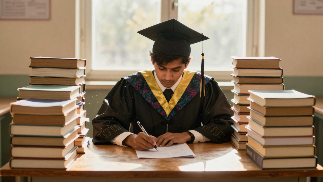 Graduate surrounded by books preparing for civil services
