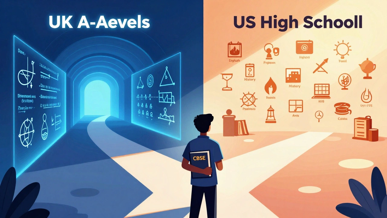 Illustration comparing UK depth and US breadth education styles