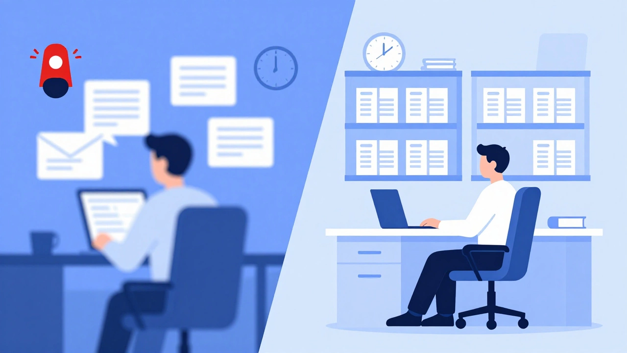 Illustration contrasting chaotic corporate work with calm government stability.