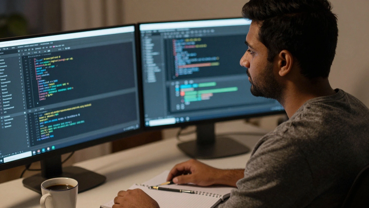 Indian professional coding at home using AI tools, lit by monitor glow in a cozy room.