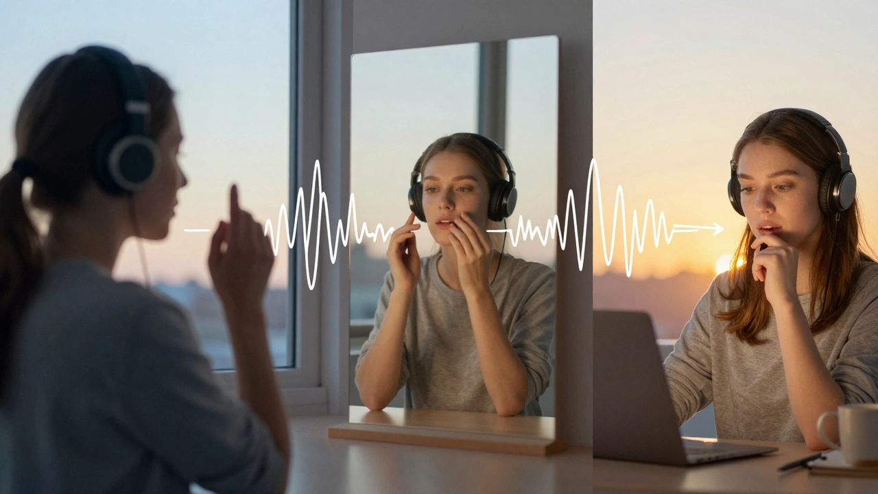 Split scene showing morning, midday, and evening English speaking practice routines.