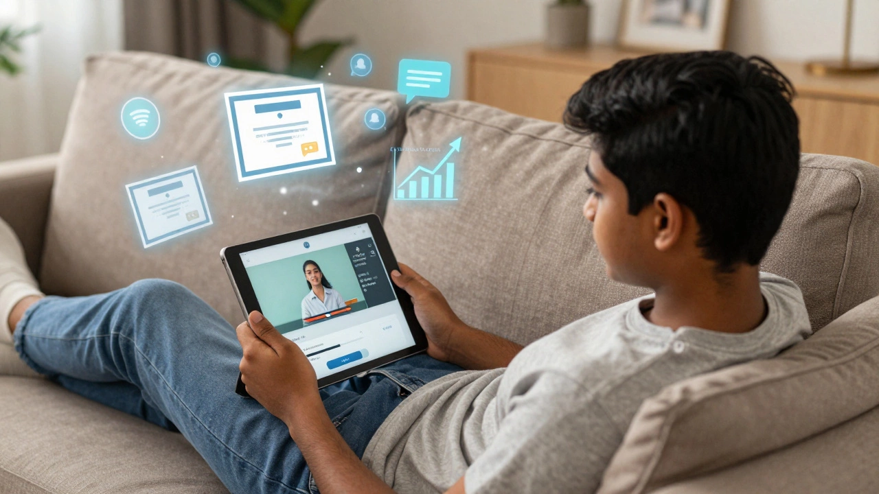 Student engaging with interactive eLearning content on a tablet at home.