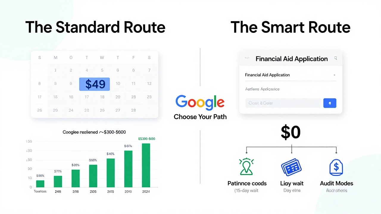 A comparative poster showing the financial differences between paying for Google Career Certificates via subscription versus utilizing free methods like financial aid and audit modes.