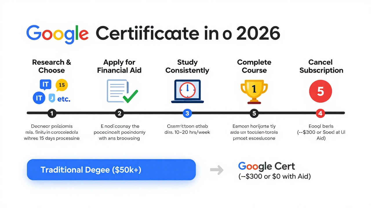 A step-by-step timeline graphic outlining the process of earning a Google Certificate, from selection and financial aid application to completion and subscription cancellation, including cost comparisons.