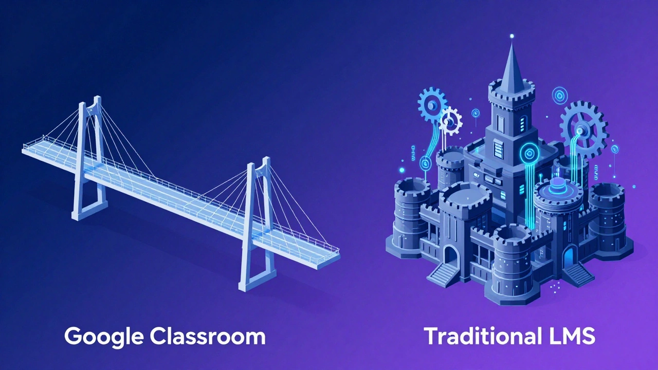 Abstract comparison of simple Google Classroom interface versus complex traditional LMS systems.