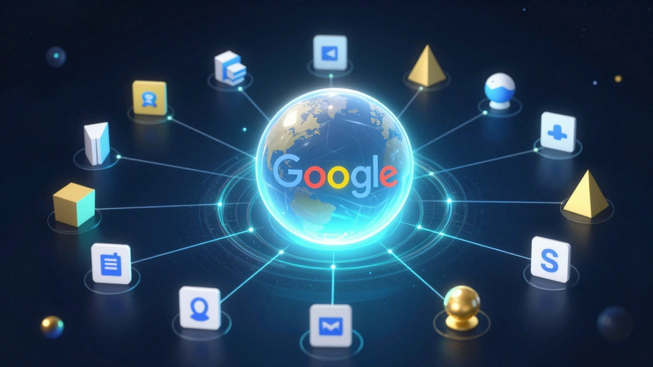 Central glowing hub connecting various educational app icons in a futuristic network diagram.