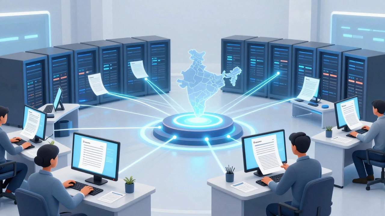 Centralized digital evaluation system processing anonymous exam papers.