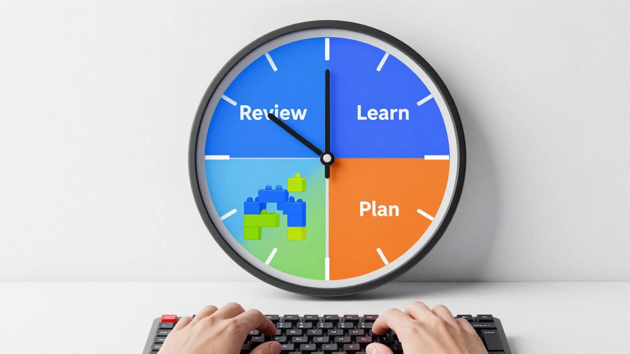 Clock divided into study phases with hands typing code actively