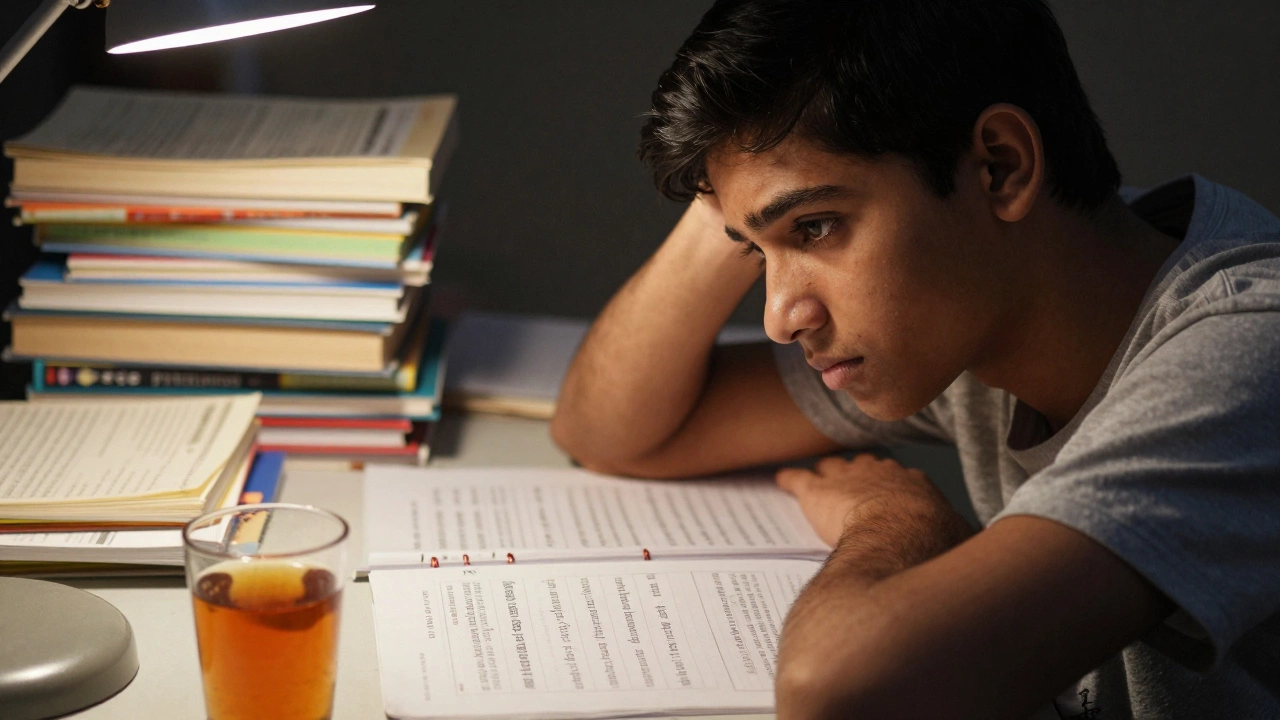 Close-up of a tired but determined student studying late at night for JEE exams.