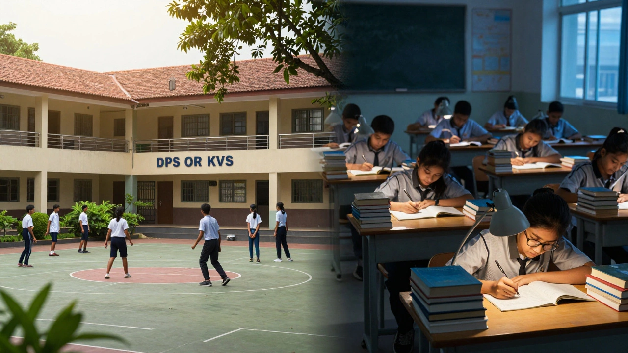 Split view contrasting relaxed traditional school life with intense coaching study halls.