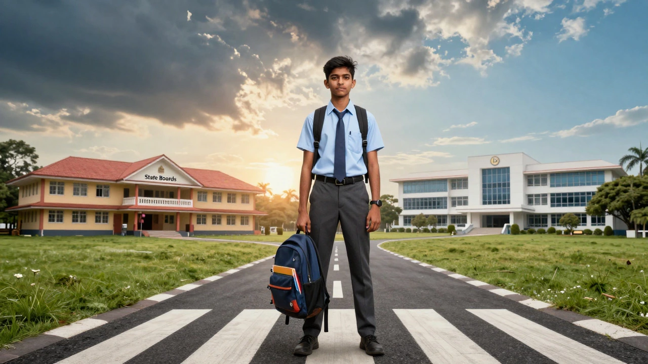 Student at a crossroads choosing between different Indian education boards.