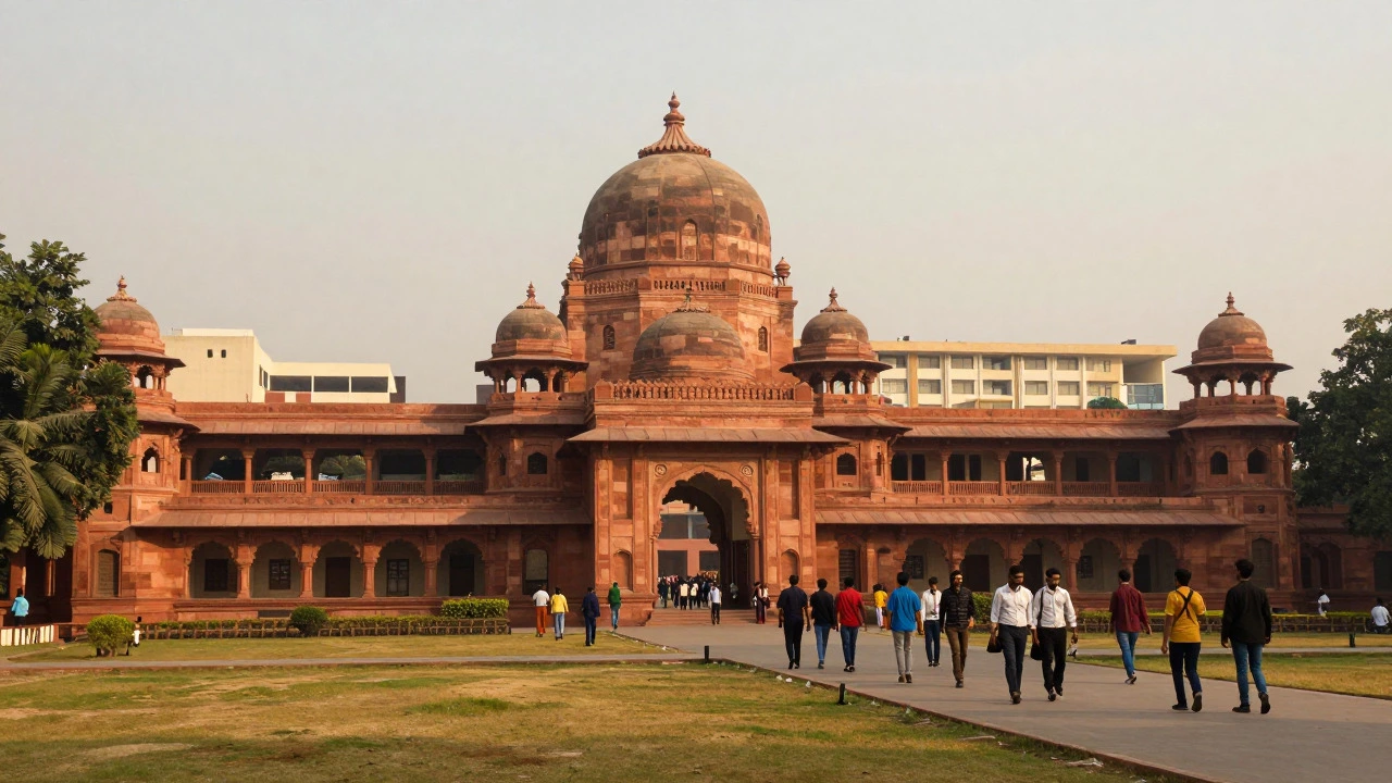 Students walking on a historic IIT campus during golden hour